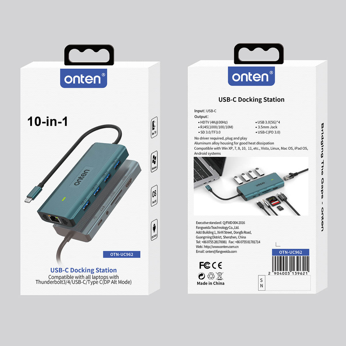 Retail packaging of the Onten UC962 10 in 1 USB-C Docking Station, showcasing product features, compatibility, and specifications for easy customer reference.